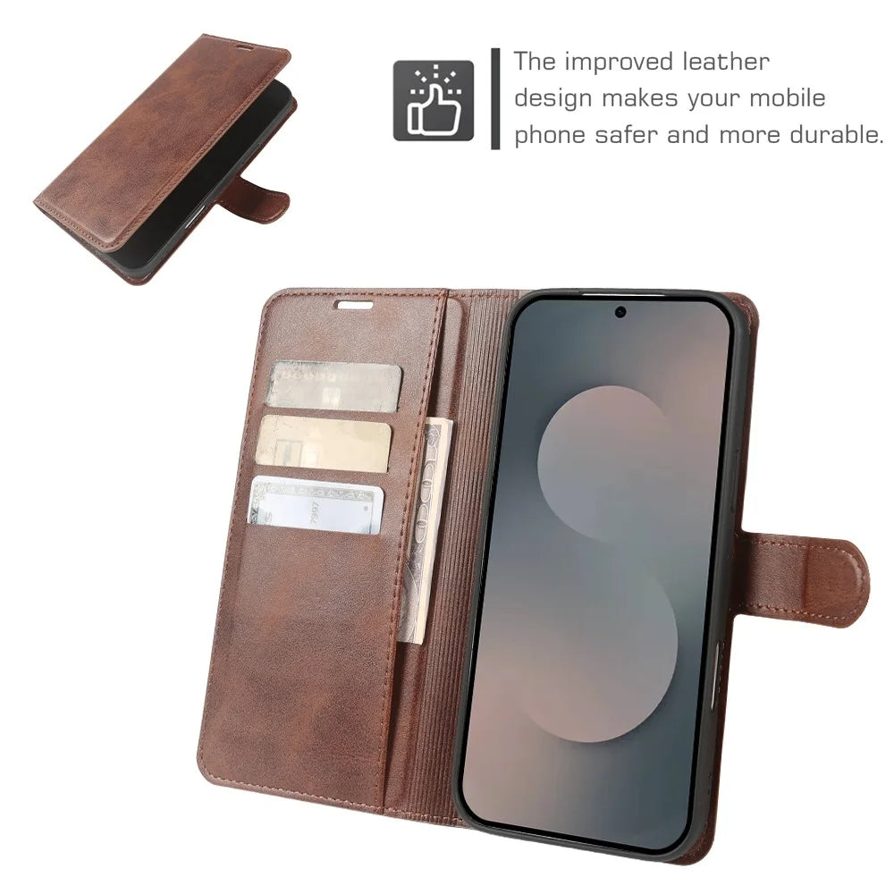 For Samsung Galaxy S25 Ultra Case Stand Wallet Calf Texture PU Leather Flip Phone Cover - Brown - 3