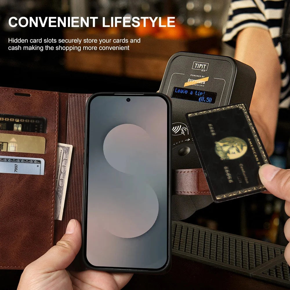 For Samsung Galaxy S25 Ultra Case Stand Wallet Calf Texture PU Leather Flip Phone Cover - Brown - 4