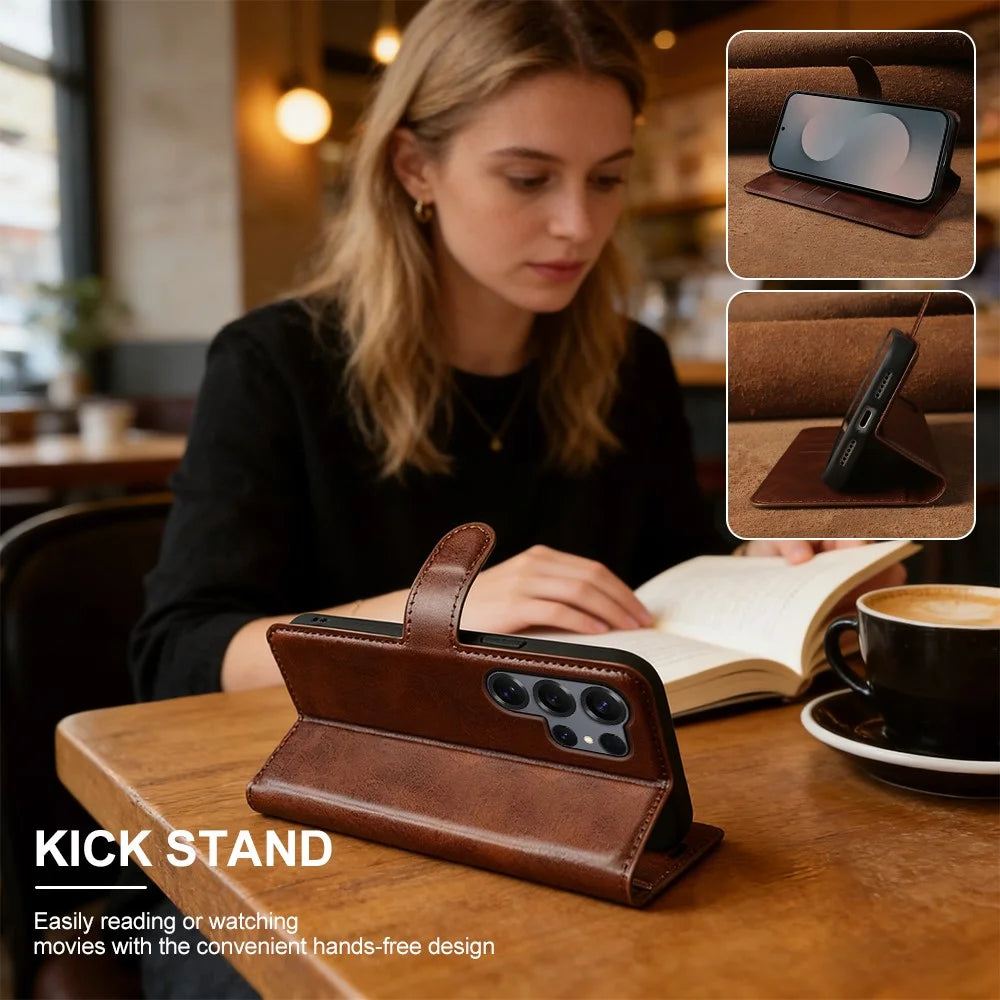 For Samsung Galaxy S25 Ultra Case Stand Wallet Calf Texture PU Leather Flip Phone Cover - Brown - 5