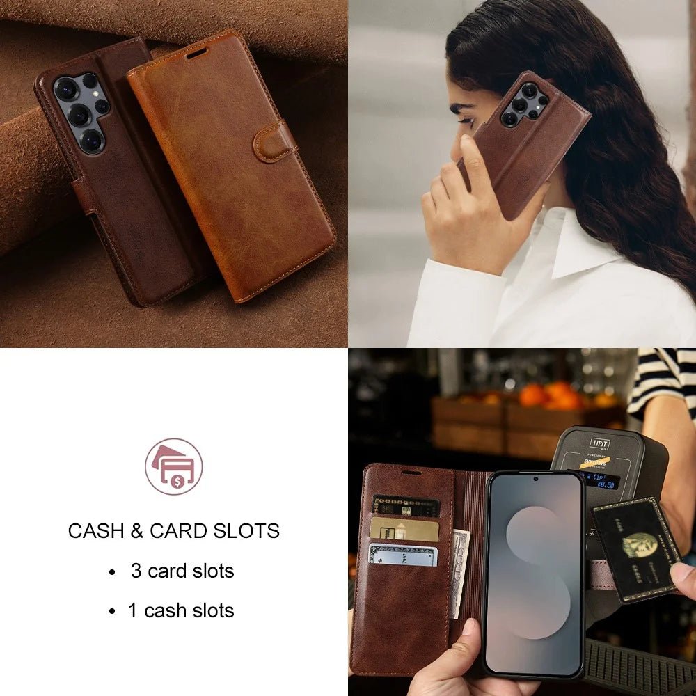 For Samsung Galaxy S25 Ultra Case Stand Wallet Calf Texture PU Leather Flip Phone Cover - Brown - 6