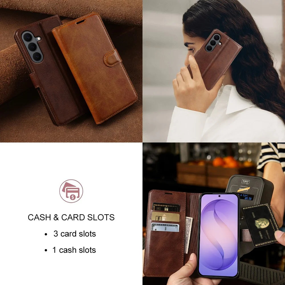 For Samsung Galaxy S26 Case Stand Wallet Calf Texture PU Leather Flip Phone Cover - Brown - 6