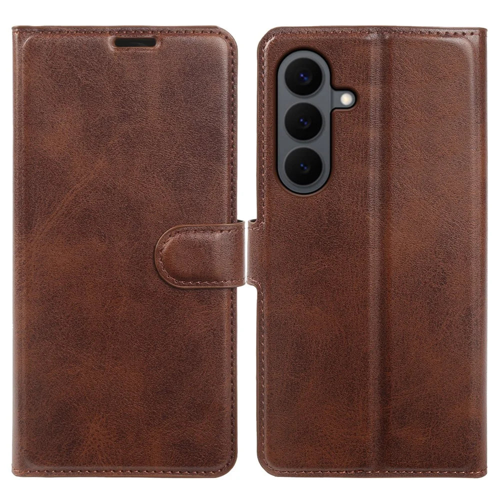 For Samsung Galaxy S26+ Case Stand Wallet Calf Texture PU Leather Flip Phone Cover - Brown - 1
