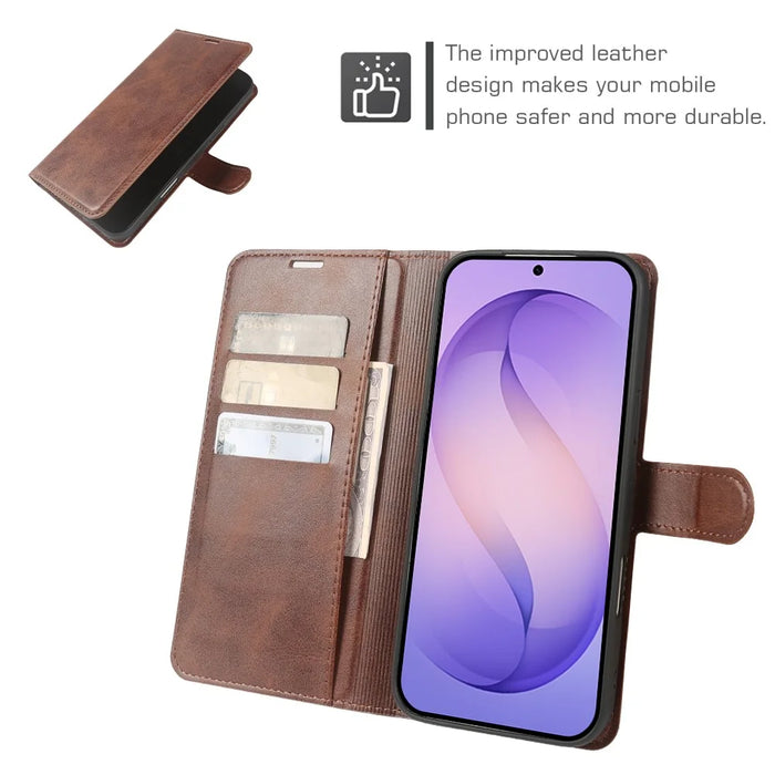 For Samsung Galaxy S26+ Case Stand Wallet Calf Texture PU Leather Flip Phone Cover - Brown - 3