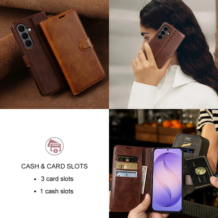 For Samsung Galaxy S26+ Case Stand Wallet Calf Texture PU Leather Flip Phone Cover - Brown - 6