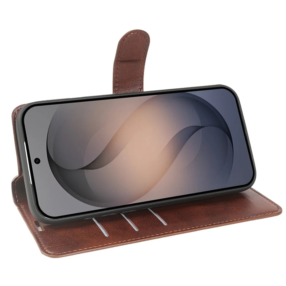 For Samsung Galaxy S26 Ultra Case Stand Wallet Calf Texture PU Leather Flip Phone Cover - Brown - 2