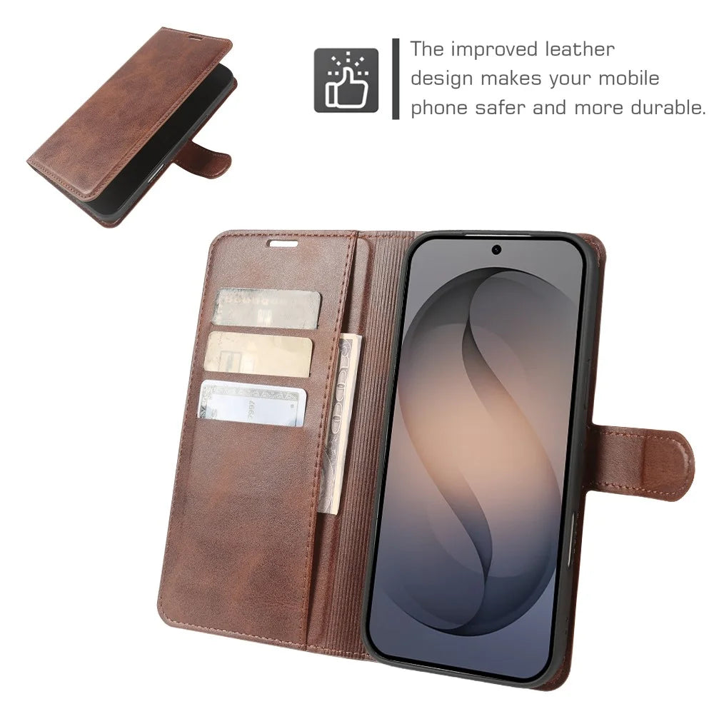 For Samsung Galaxy S26 Ultra Case Stand Wallet Calf Texture PU Leather Flip Phone Cover - Brown - 3