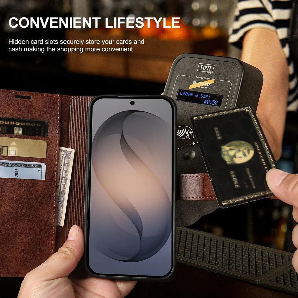 For Samsung Galaxy S26 Ultra Case Stand Wallet Calf Texture PU Leather Flip Phone Cover - Brown - 4