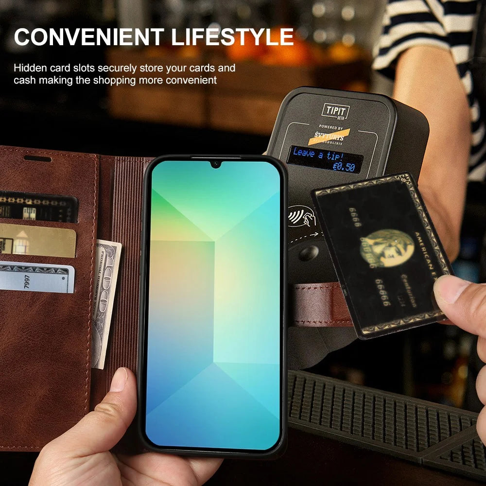 For Samsung Galaxy A06 4G  /  A06 5G Case Stand Wallet Calf Texture PU Leather Flip Phone Cover - Brown - 4