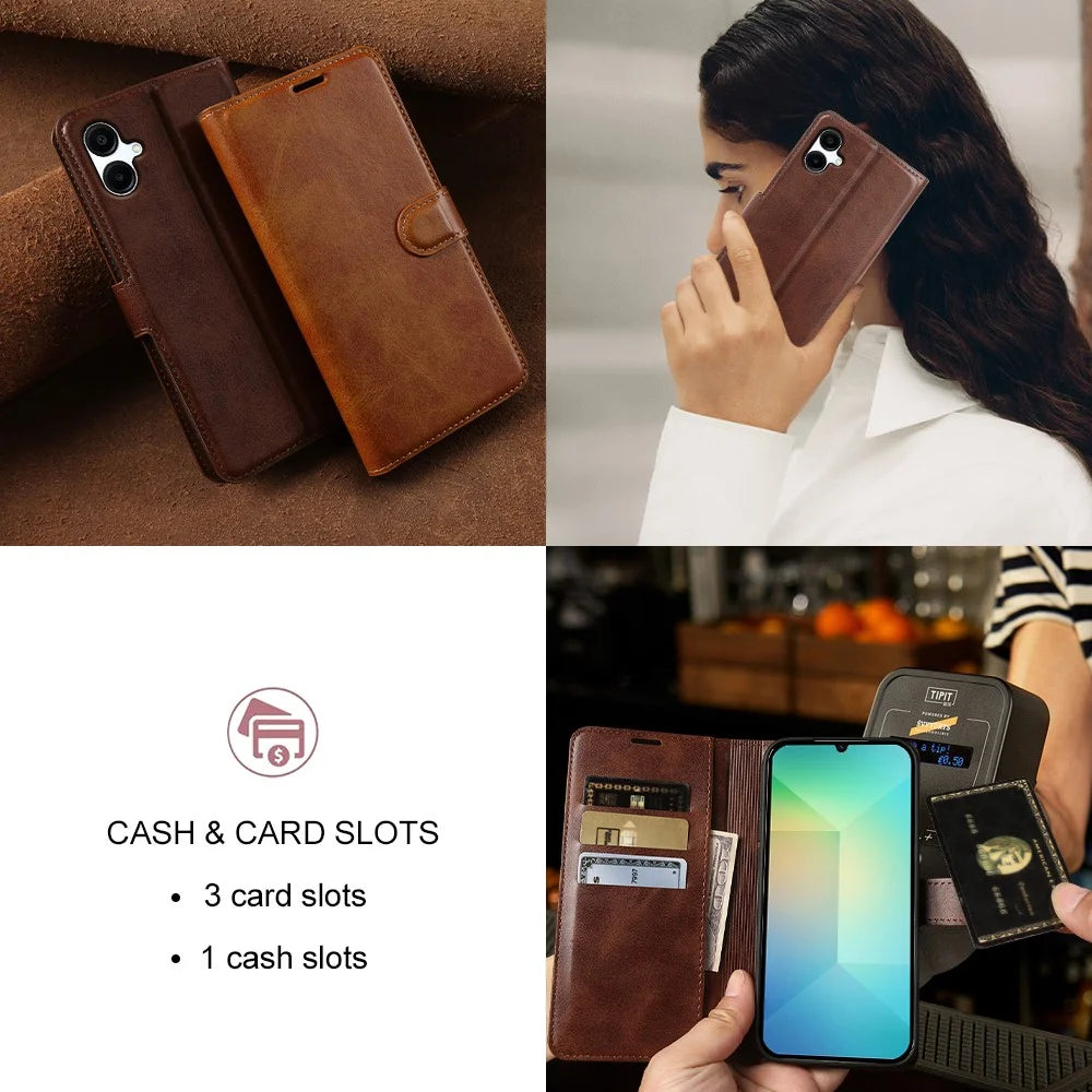 For Samsung Galaxy A06 4G  /  A06 5G Case Stand Wallet Calf Texture PU Leather Flip Phone Cover - Brown - 6