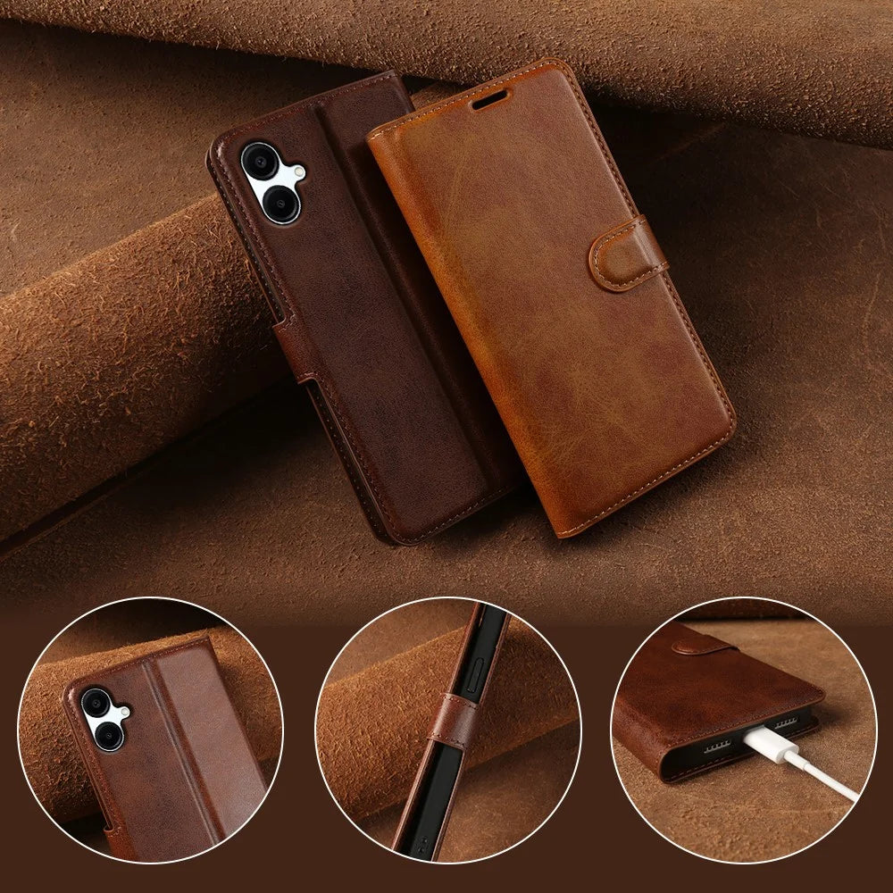 For Samsung Galaxy A06 4G  /  A06 5G Case Stand Wallet Calf Texture PU Leather Flip Phone Cover - Brown - 7
