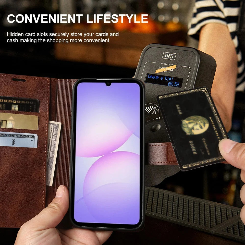 For Samsung Galaxy A08 5G / A08 4G / A07 5G Case Stand Wallet Calf Texture PU Leather Flip Phone Cover - Brown - 4