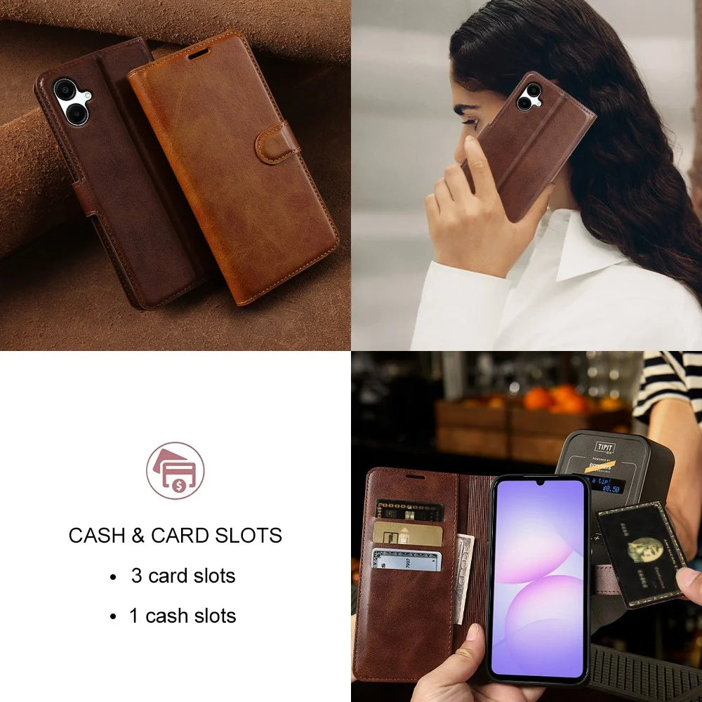 For Samsung Galaxy A08 5G / A08 4G / A07 5G Case Stand Wallet Calf Texture PU Leather Flip Phone Cover - Brown - 6