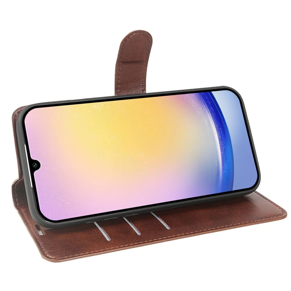 For Samsung Galaxy A25 5G (Global) (161mm) Case Stand Wallet Calf Texture PU Leather Flip Phone Cover - Brown - 2