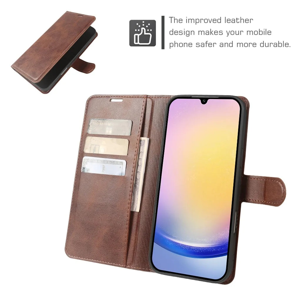 For Samsung Galaxy A25 5G (Global) (161mm) Case Stand Wallet Calf Texture PU Leather Flip Phone Cover - Brown - 3