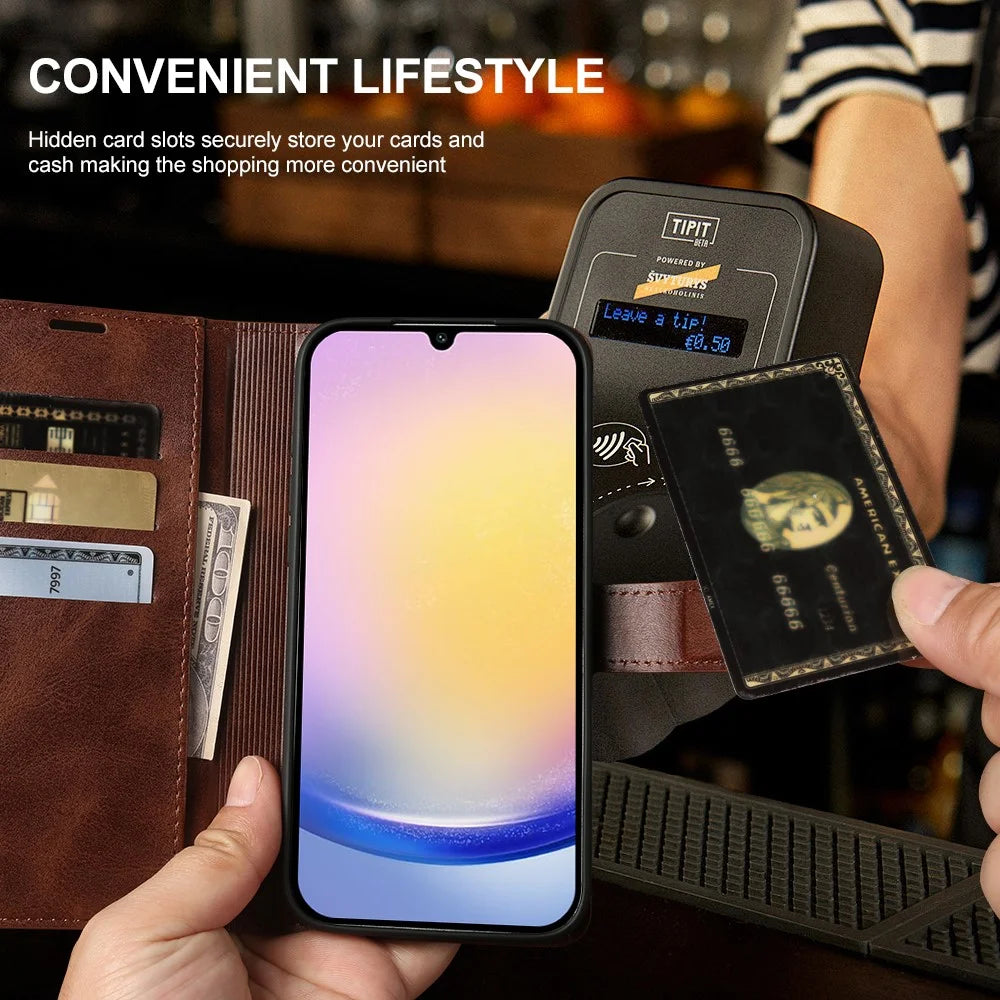 For Samsung Galaxy A25 5G (Global) (161mm) Case Stand Wallet Calf Texture PU Leather Flip Phone Cover - Brown - 4