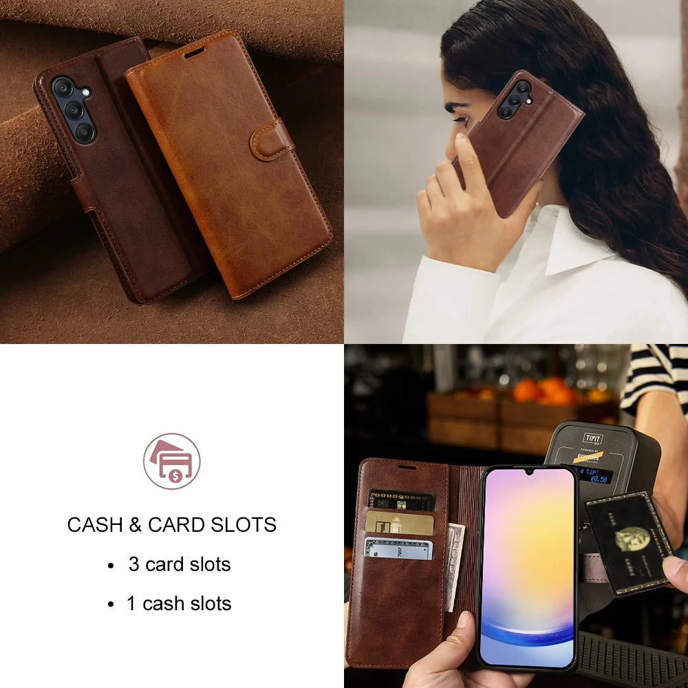 For Samsung Galaxy A25 5G (Global) (161mm) Case Stand Wallet Calf Texture PU Leather Flip Phone Cover - Brown - 6