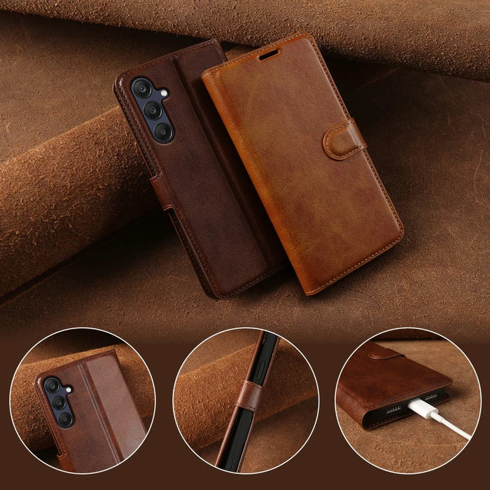 For Samsung Galaxy A26 5G Case Stand Wallet Calf Texture PU Leather Flip Phone Cover - Brown - 7