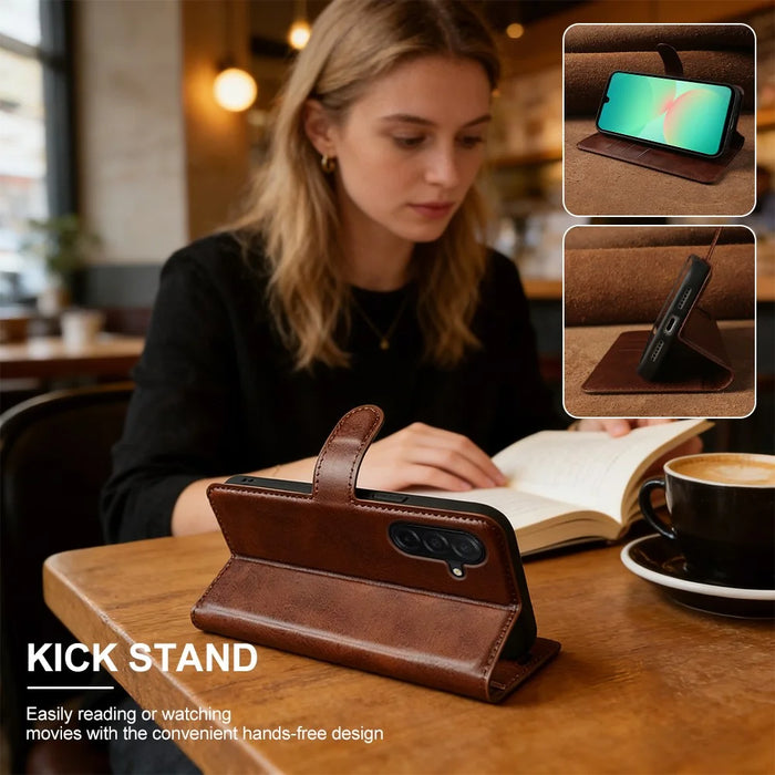For Samsung Galaxy A27 5G Case Stand Wallet Calf Texture PU Leather Flip Phone Cover - Brown - 5