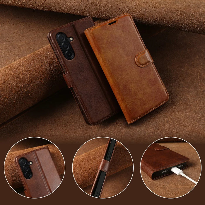 For Samsung Galaxy A27 5G Case Stand Wallet Calf Texture PU Leather Flip Phone Cover - Brown - 7