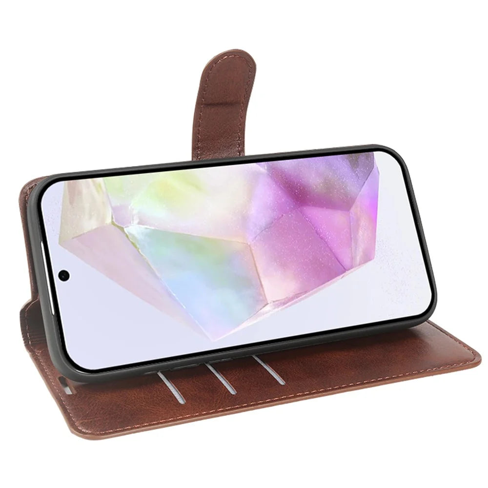 For Samsung Galaxy A35 5G Case Stand Wallet Calf Texture PU Leather Flip Phone Cover - Brown - 2