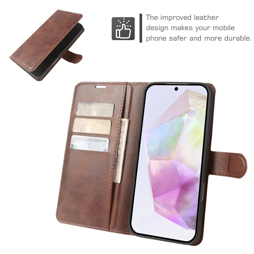 For Samsung Galaxy A35 5G Case Stand Wallet Calf Texture PU Leather Flip Phone Cover - Brown - 3