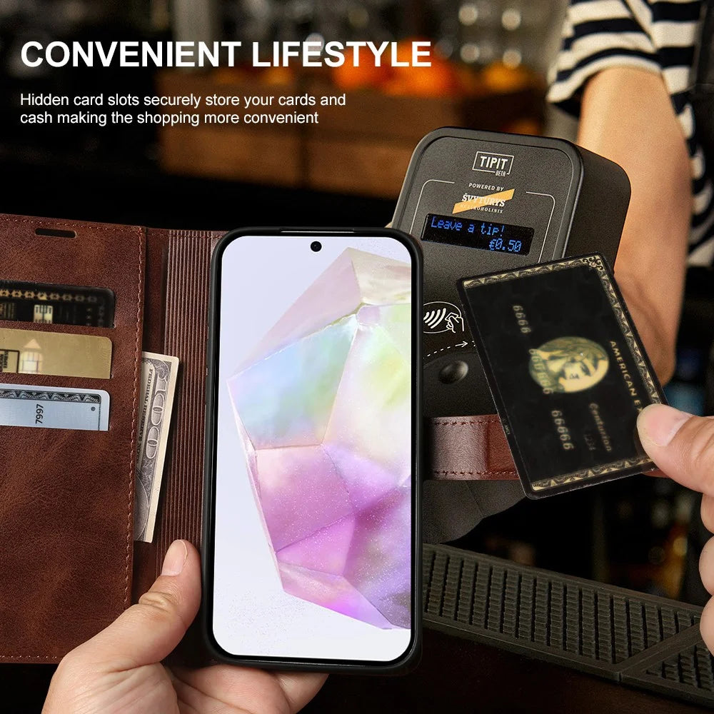 For Samsung Galaxy A35 5G Case Stand Wallet Calf Texture PU Leather Flip Phone Cover - Brown - 4
