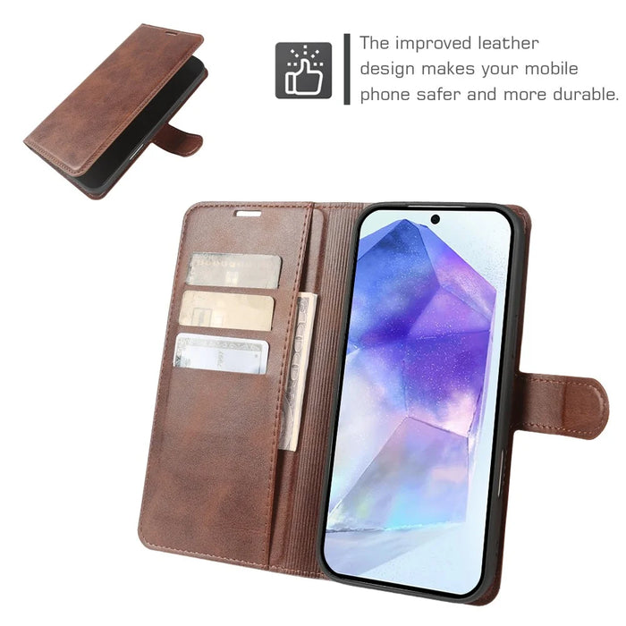 For Samsung Galaxy A55 5G Case Stand Wallet Calf Texture PU Leather Flip Phone Cover - Brown - 3