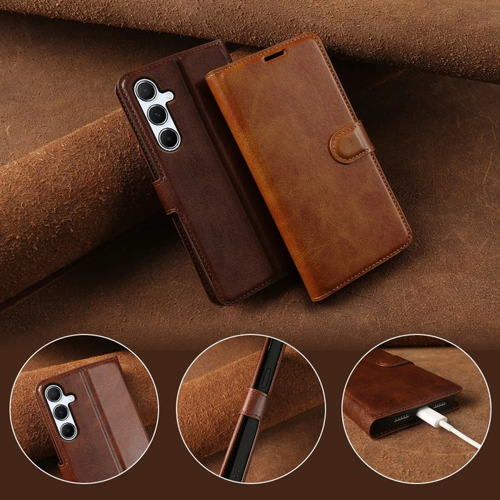 For Samsung Galaxy A55 5G Case Stand Wallet Calf Texture PU Leather Flip Phone Cover - Brown - 7