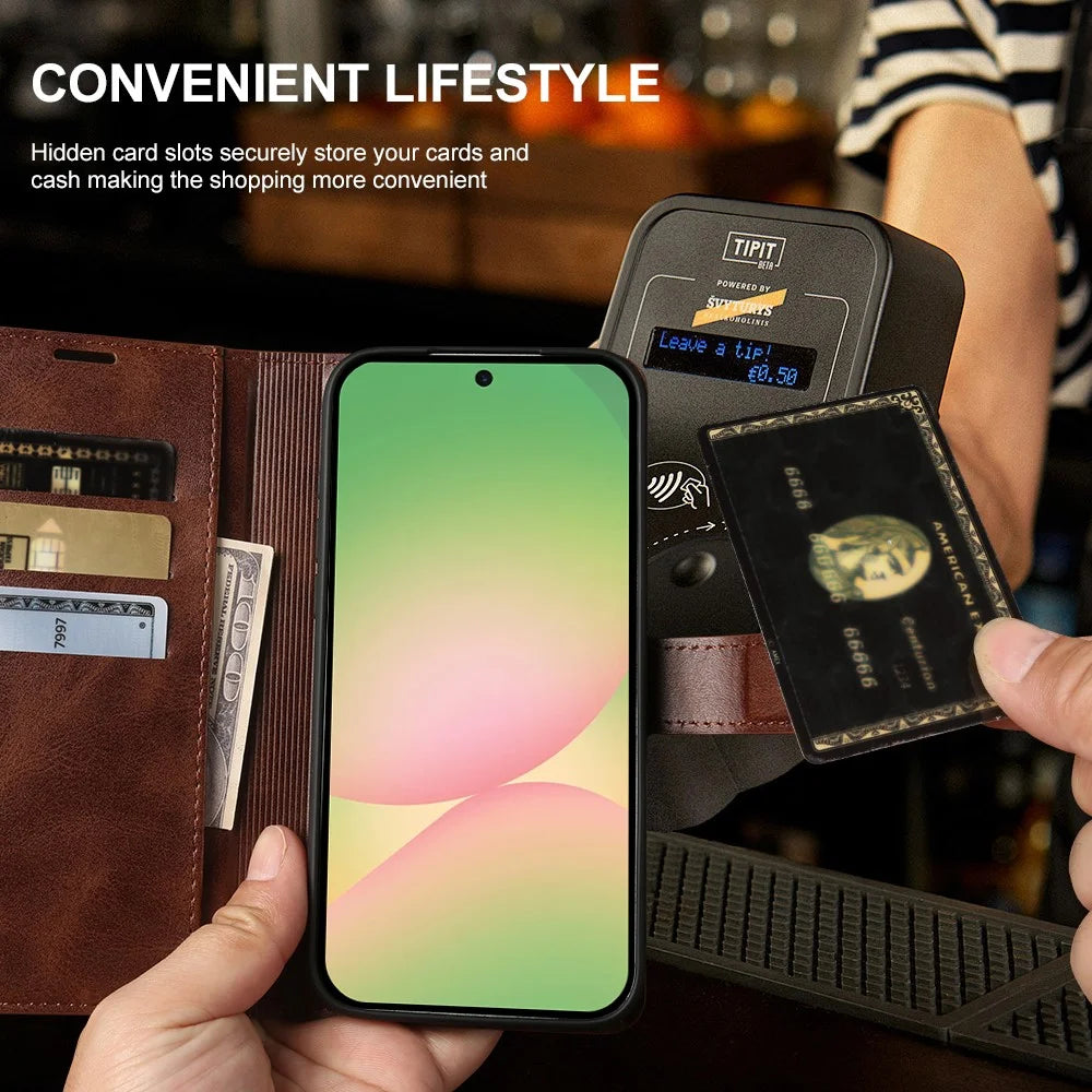 For Samsung Galaxy A57 5G Case Stand Wallet Calf Texture PU Leather Flip Phone Cover - Brown - 4
