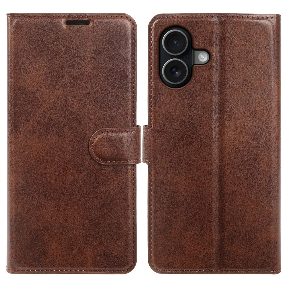 For iPhone 16 Case Stand Wallet Calf Texture PU Leather Flip Phone Cover - Brown - 1