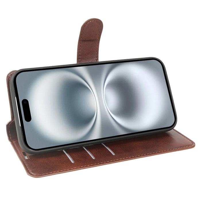 For iPhone 16 Case Stand Wallet Calf Texture PU Leather Flip Phone Cover - Brown - 2