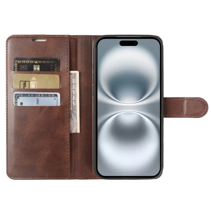 For iPhone 16 Case Stand Wallet Calf Texture PU Leather Flip Phone Cover - Brown - 3
