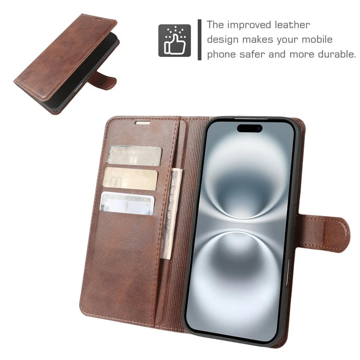 For iPhone 16 Case Stand Wallet Calf Texture PU Leather Flip Phone Cover - Brown - 4