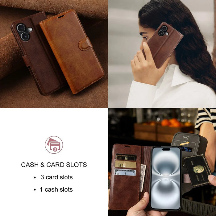 For iPhone 16 Case Stand Wallet Calf Texture PU Leather Flip Phone Cover - Brown - 7
