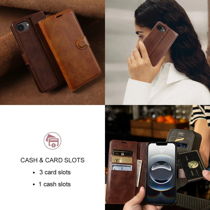 For iPhone 17e  /  16e Case Stand Wallet Calf Texture PU Leather Flip Phone Cover - Brown - 7
