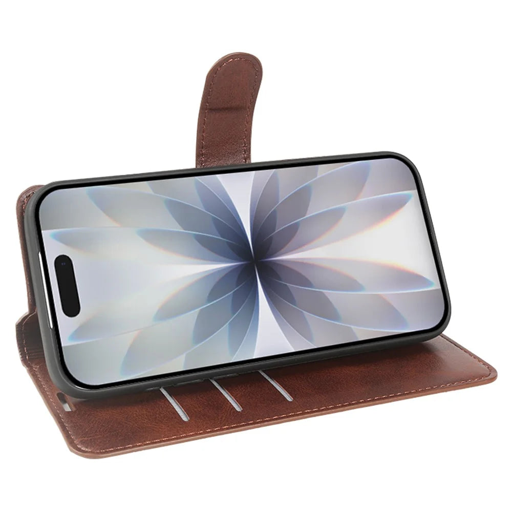 For iPhone 17 Case Stand Wallet Calf Texture PU Leather Flip Phone Cover - Brown - 2
