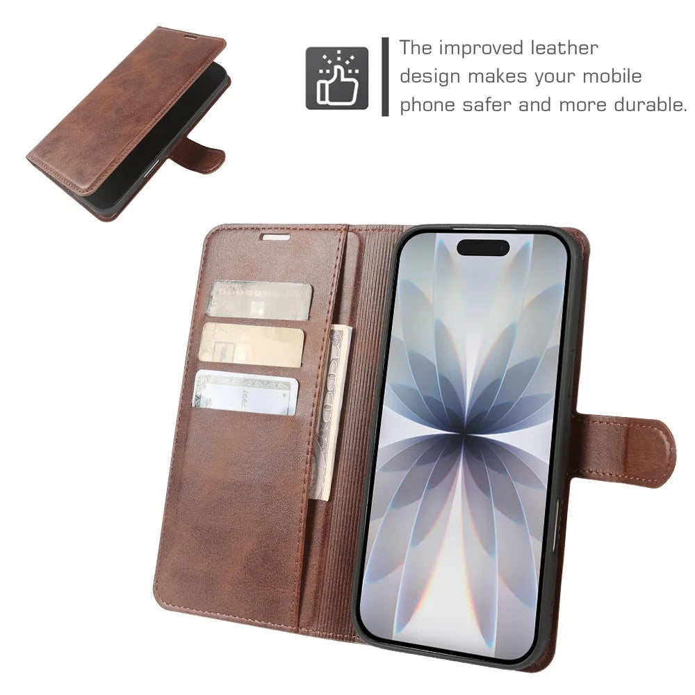 For iPhone 17 Case Stand Wallet Calf Texture PU Leather Flip Phone Cover - Brown - 4