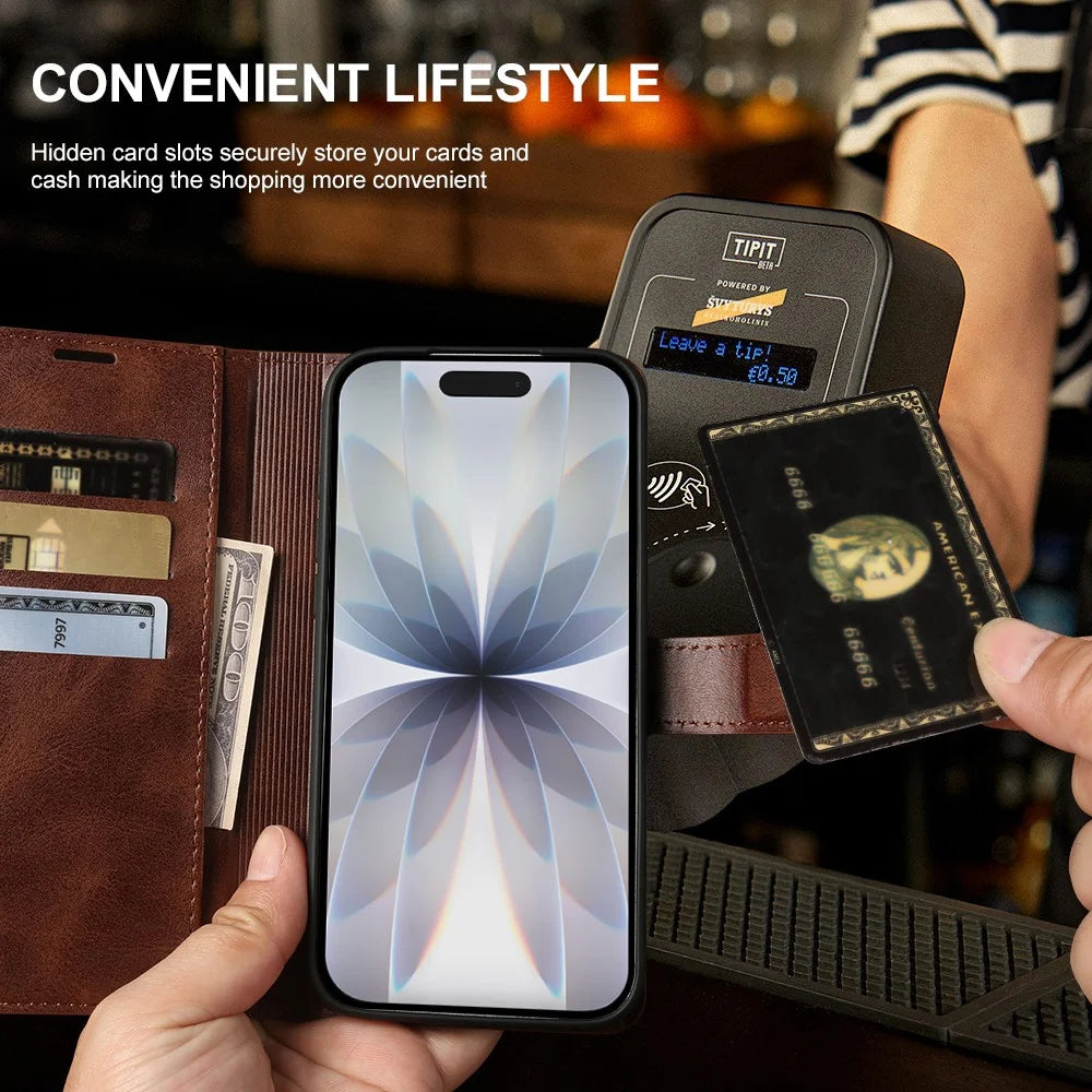 For iPhone 17 Case Stand Wallet Calf Texture PU Leather Flip Phone Cover - Brown - 5