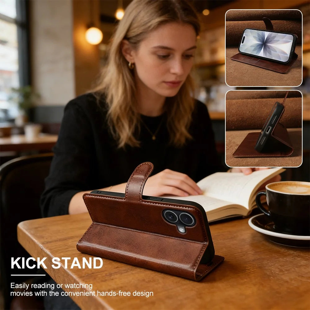 For iPhone 17 Case Stand Wallet Calf Texture PU Leather Flip Phone Cover - Brown - 6