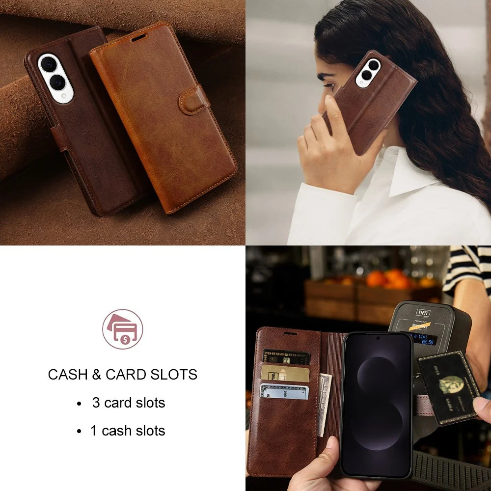 For Samsung Galaxy S25 Edge Case Stand Wallet Calf Texture PU Leather Flip Phone Cover - Brown - 7