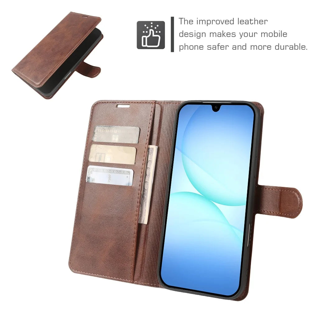 For Samsung Galaxy A18 5G / A18 4G / A17 5G / A17 4G Case Stand Wallet Calf Texture PU Leather Flip Phone Cover - Brown - 4