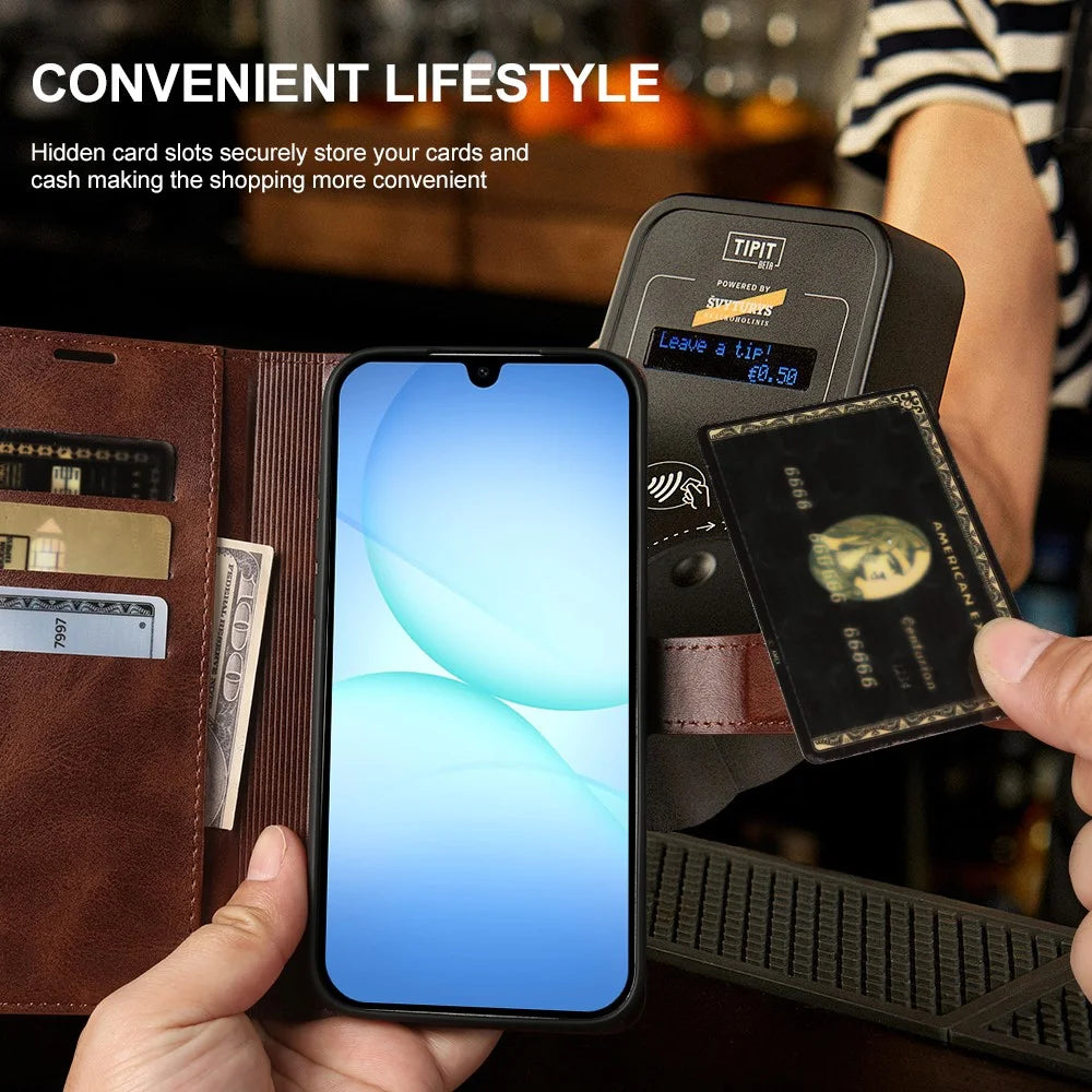 For Samsung Galaxy A18 5G / A18 4G / A17 5G / A17 4G Case Stand Wallet Calf Texture PU Leather Flip Phone Cover - Brown - 5