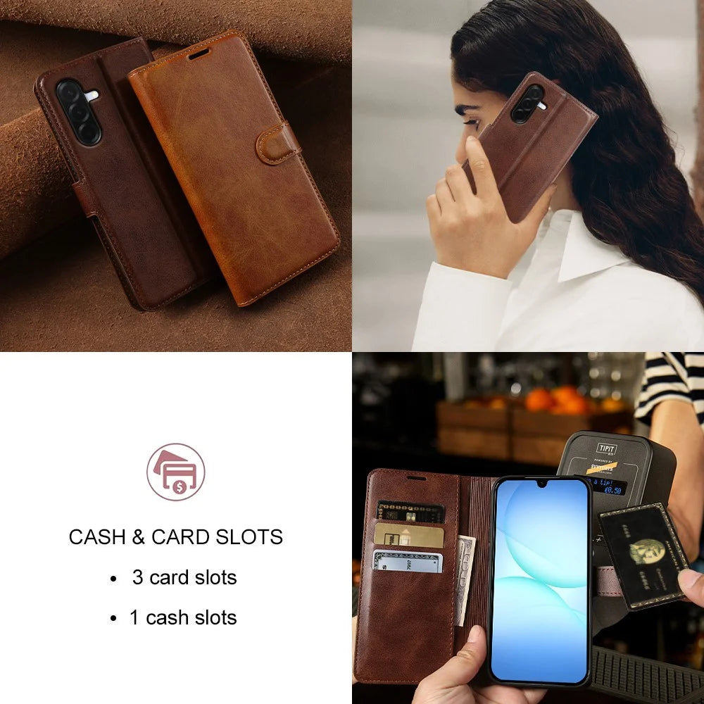 For Samsung Galaxy A18 5G / A18 4G / A17 5G / A17 4G Case Stand Wallet Calf Texture PU Leather Flip Phone Cover - Brown - 7