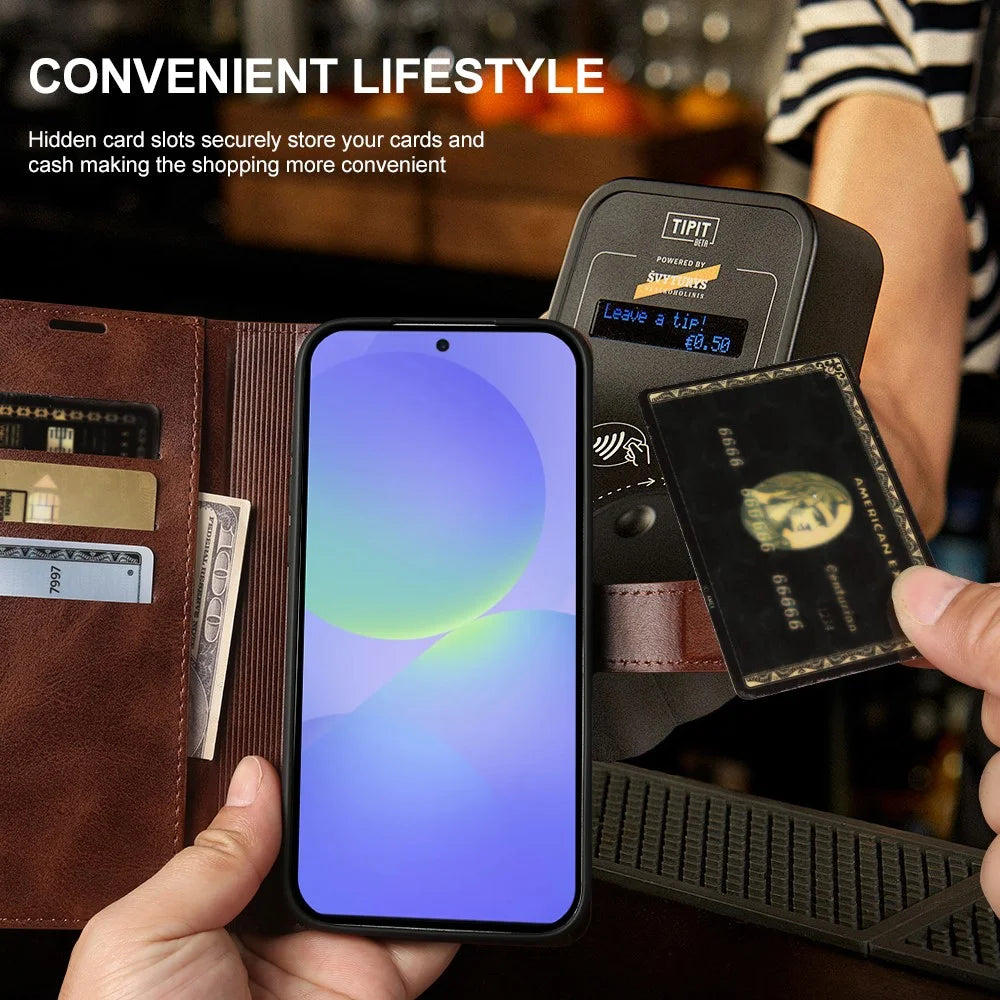 For Samsung Galaxy A37 5G Case Stand Wallet Calf Texture PU Leather Flip Phone Cover - Brown - 5