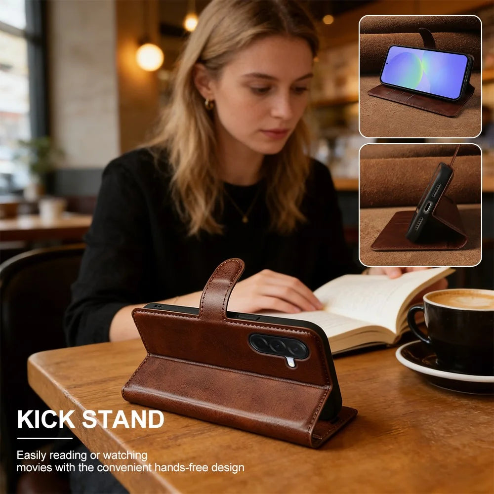 For Samsung Galaxy A37 5G Case Stand Wallet Calf Texture PU Leather Flip Phone Cover - Brown - 6