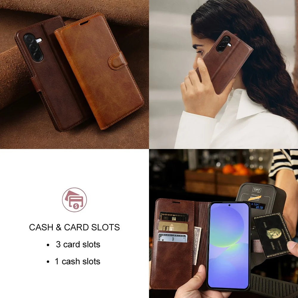 For Samsung Galaxy A37 5G Case Stand Wallet Calf Texture PU Leather Flip Phone Cover - Brown - 7