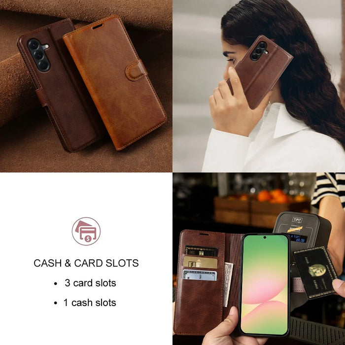 For Samsung Galaxy A56 5G Case Stand Wallet Calf Texture PU Leather Flip Phone Cover - Brown - 7