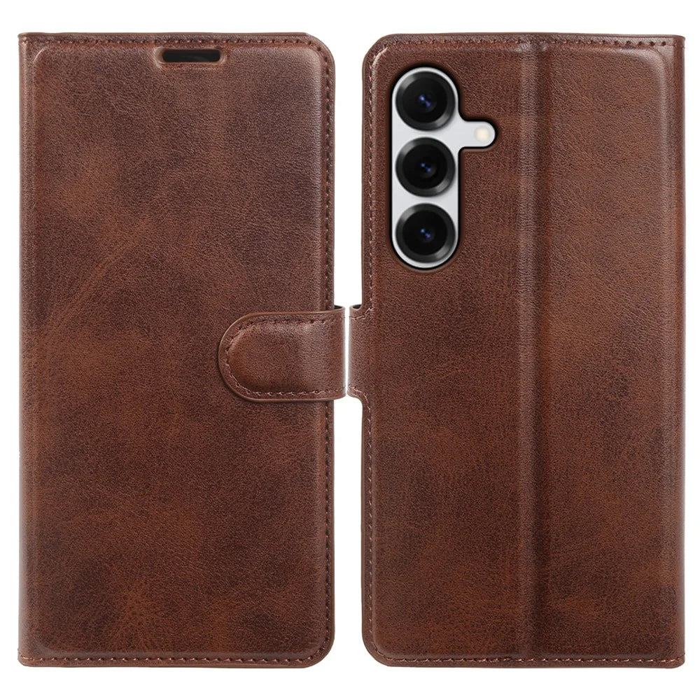 For Samsung Galaxy S25 Case Stand Wallet Calf Texture PU Leather Flip Phone Cover - Brown - 1
