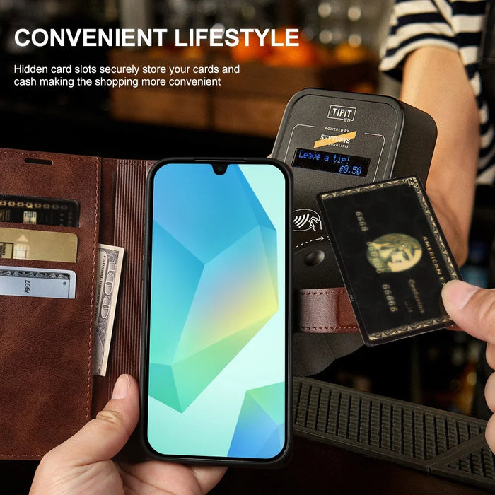 For Samsung Galaxy A16 4G  /  A16 5G Case Stand Wallet Calf Texture PU Leather Flip Phone Cover - Brown - 5