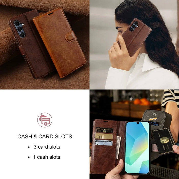 For Samsung Galaxy A16 4G  /  A16 5G Case Stand Wallet Calf Texture PU Leather Flip Phone Cover - Brown - 7